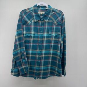 Stetson Teal Plaid Flannel Long Sleeve Snap Front Shirt